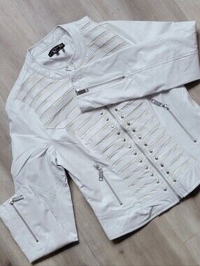 Jane & John Cream White Moto Jacket Ribbed Panel Accents And Silver Zips